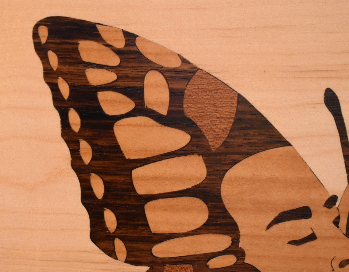 Marquetry Painting Of Various Woods, Butterflies And Human Faces -photo-2