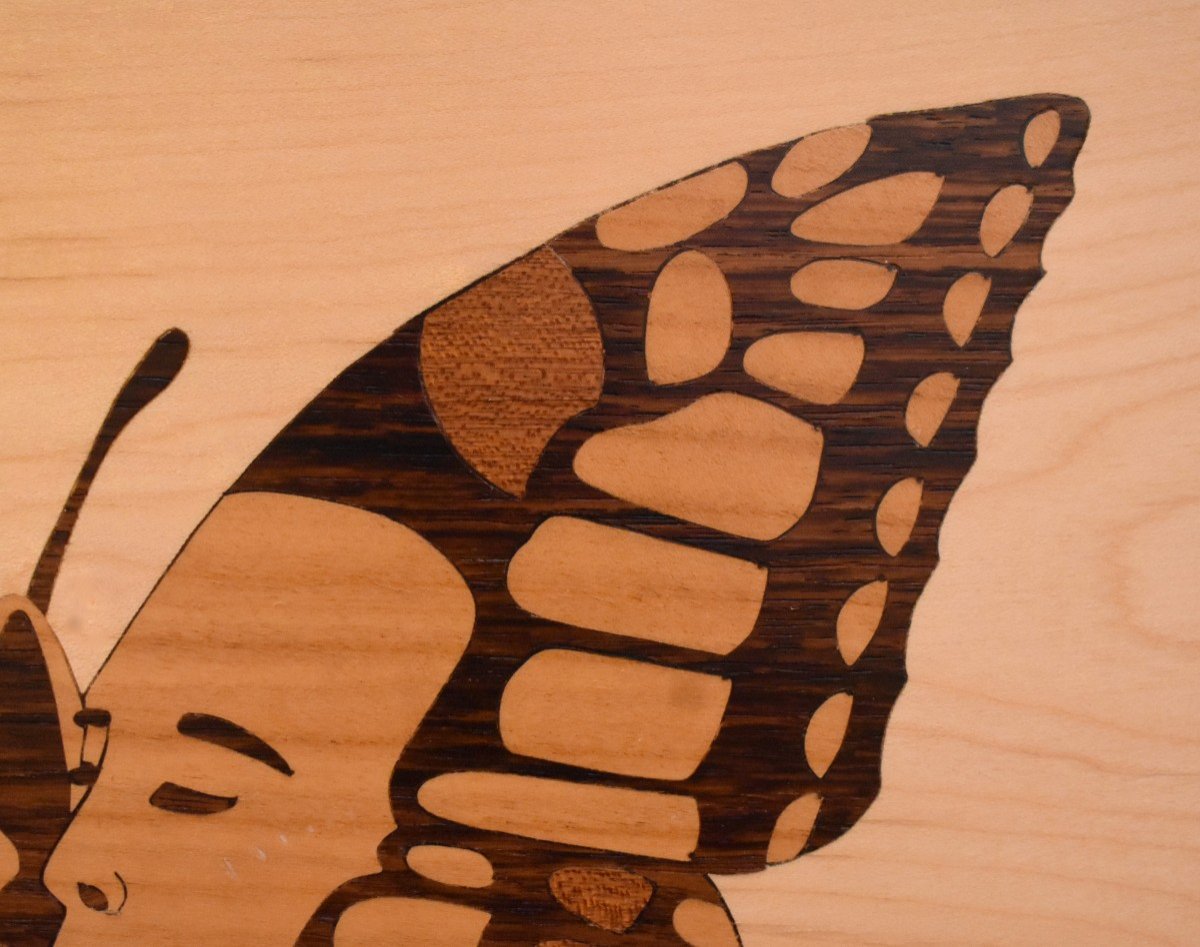 Marquetry Painting Of Various Woods, Butterflies And Human Faces -photo-3