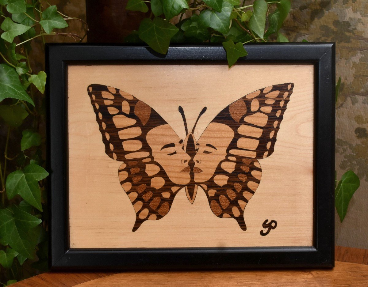 Marquetry Painting Of Various Woods, Butterflies And Human Faces 