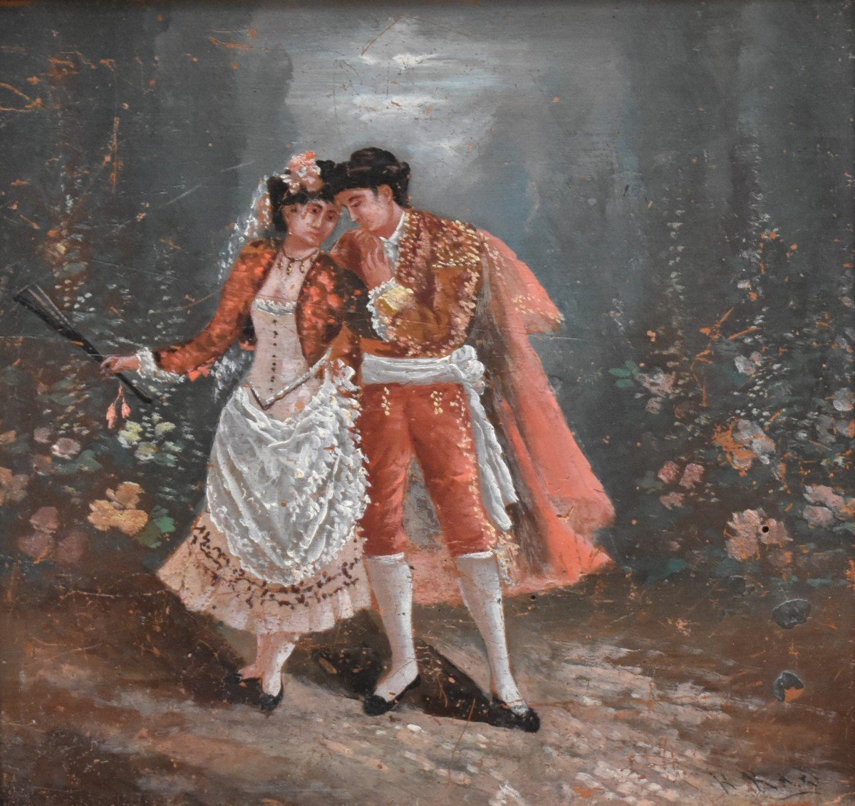 Tableau Scène Romantique, Galante, Toréador En Costume  traditionnel  Et Señorita à l'éventail.-photo-3