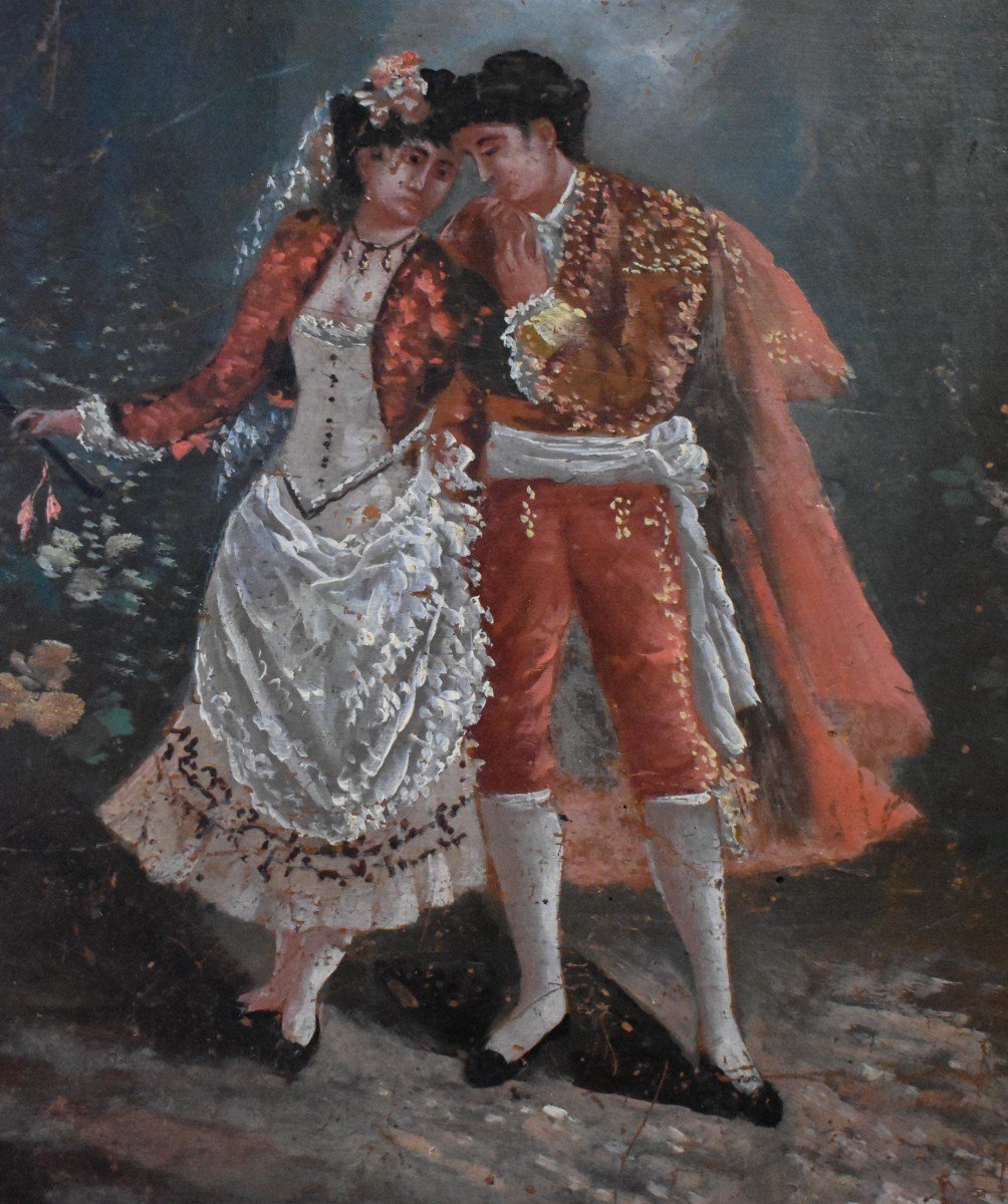 Tableau Scène Romantique, Galante, Toréador En Costume  traditionnel  Et Señorita à l'éventail.-photo-4