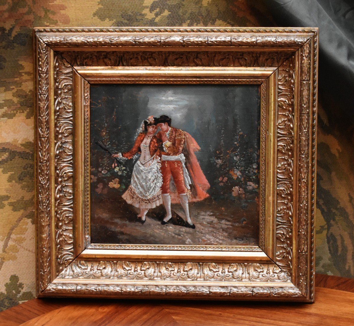 Tableau Scène Romantique, Galante, Toréador En Costume  traditionnel  Et Señorita à l'éventail.-photo-2