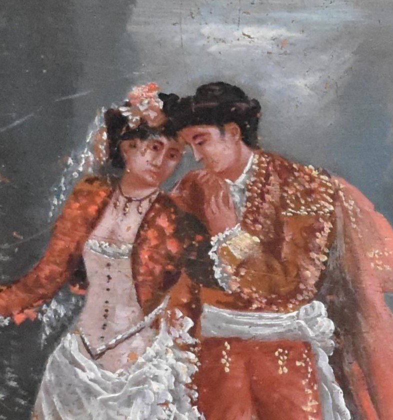 Tableau Scène Romantique, Galante, Toréador En Costume  traditionnel  Et Señorita à l'éventail.-photo-2