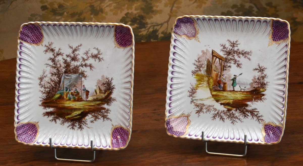 Pair Of Square Decorative Plates By Samson In Paris, Signed Vp In The Style Of Veuve Perrin -photo-3