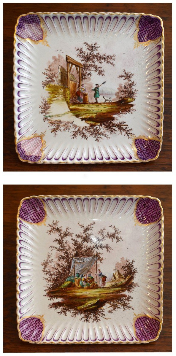 Pair Of Square Decorative Plates By Samson In Paris, Signed Vp In The Style Of Veuve Perrin 