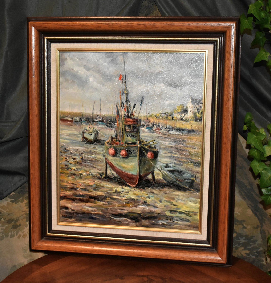 René Cabrol Limoges, Marine Painting Small Fishing Boats At Low Tide In A Small Port-photo-2