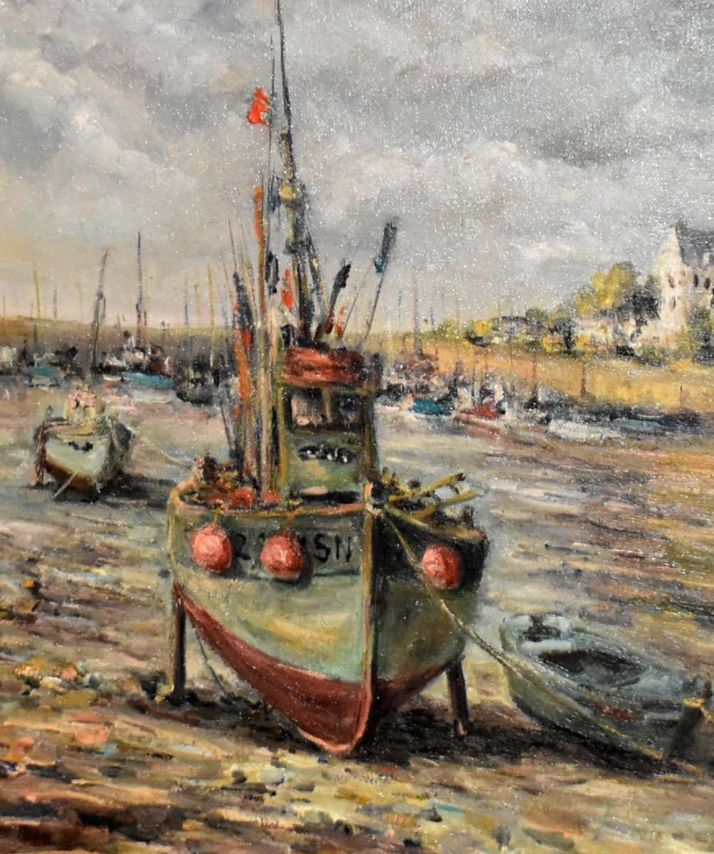 René Cabrol Limoges, Marine Painting Small Fishing Boats At Low Tide In A Small Port-photo-3