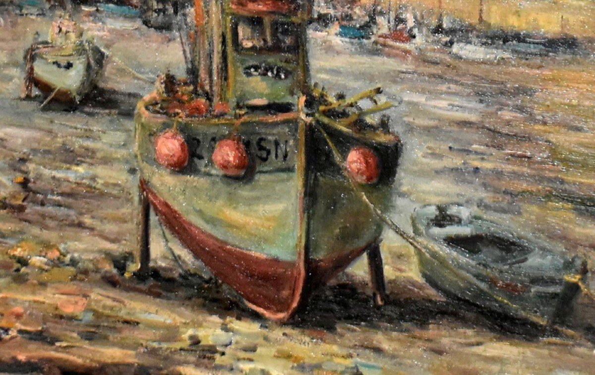 René Cabrol Limoges, Marine Painting Small Fishing Boats At Low Tide In A Small Port-photo-4