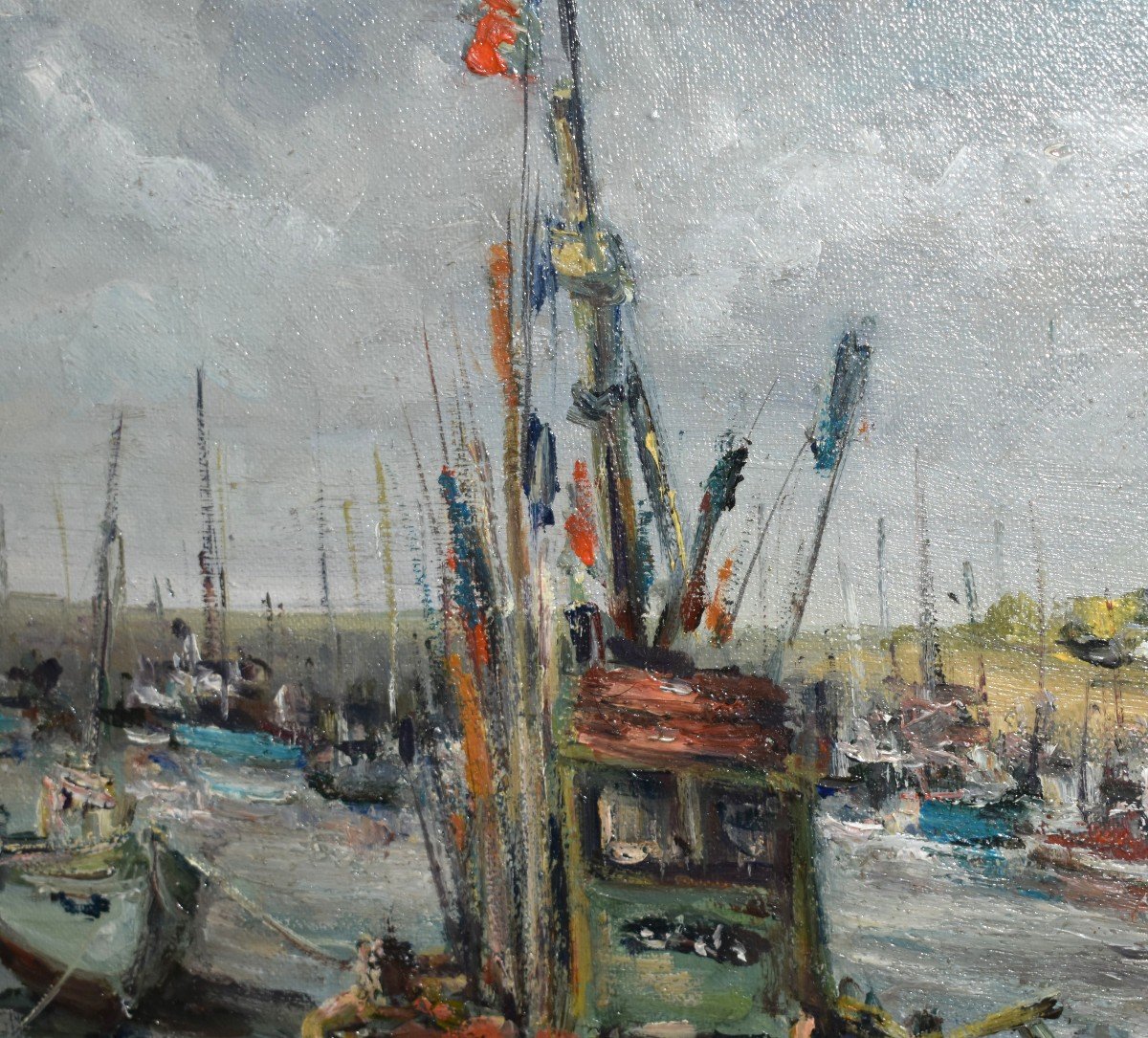 René Cabrol Limoges, Marine Painting Small Fishing Boats At Low Tide In A Small Port-photo-1