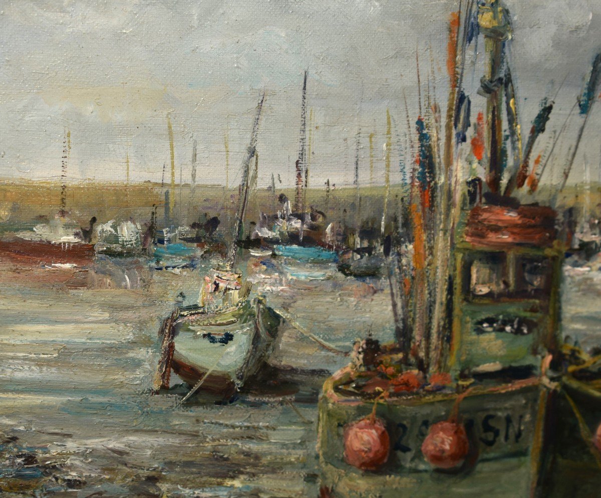 René Cabrol Limoges, Marine Painting Small Fishing Boats At Low Tide In A Small Port-photo-2