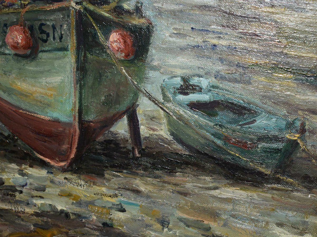 René Cabrol Limoges, Marine Painting Small Fishing Boats At Low Tide In A Small Port-photo-3