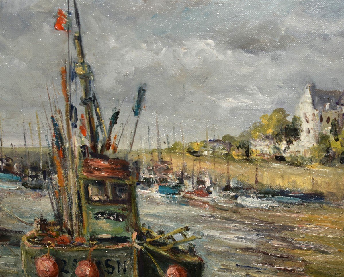 René Cabrol Limoges, Marine Painting Small Fishing Boats At Low Tide In A Small Port-photo-4