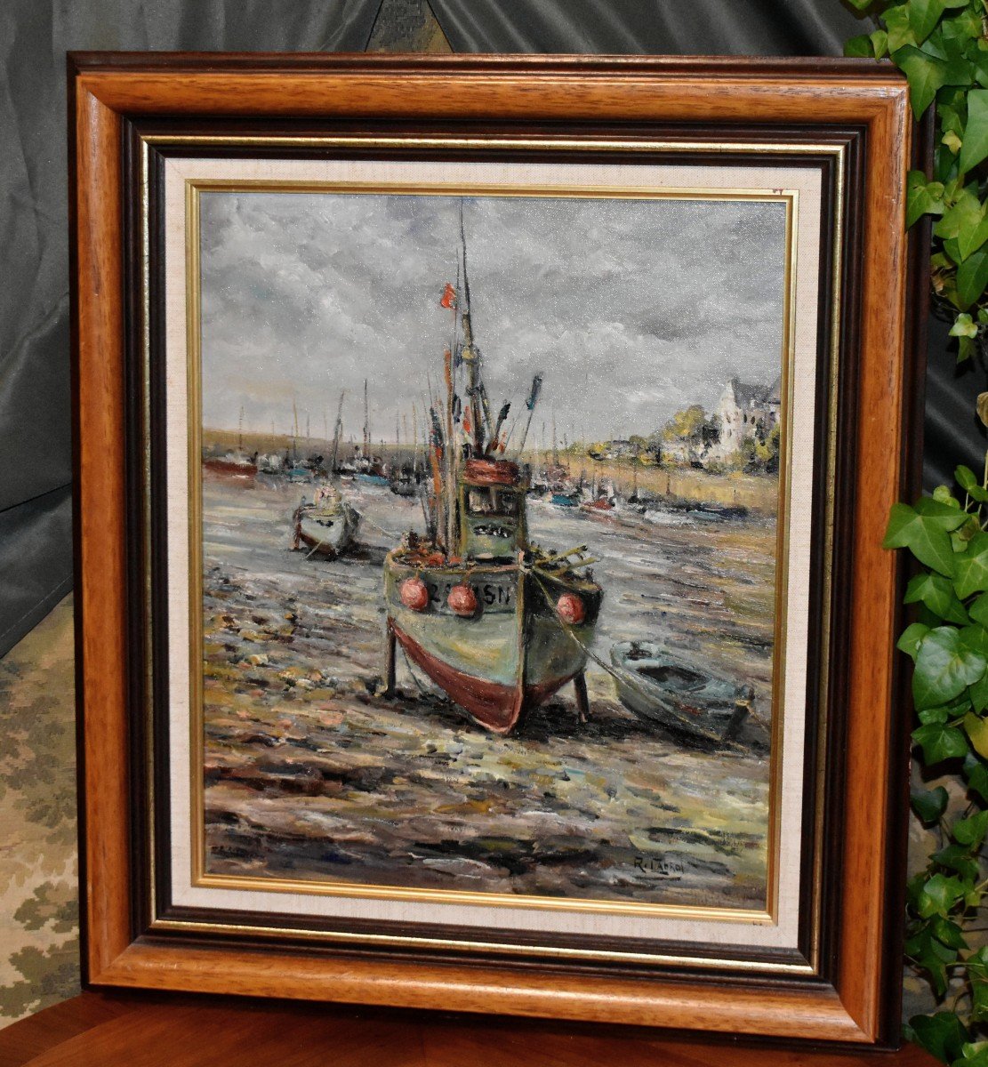 René Cabrol Limoges, Marine Painting Small Fishing Boats At Low Tide In A Small Port