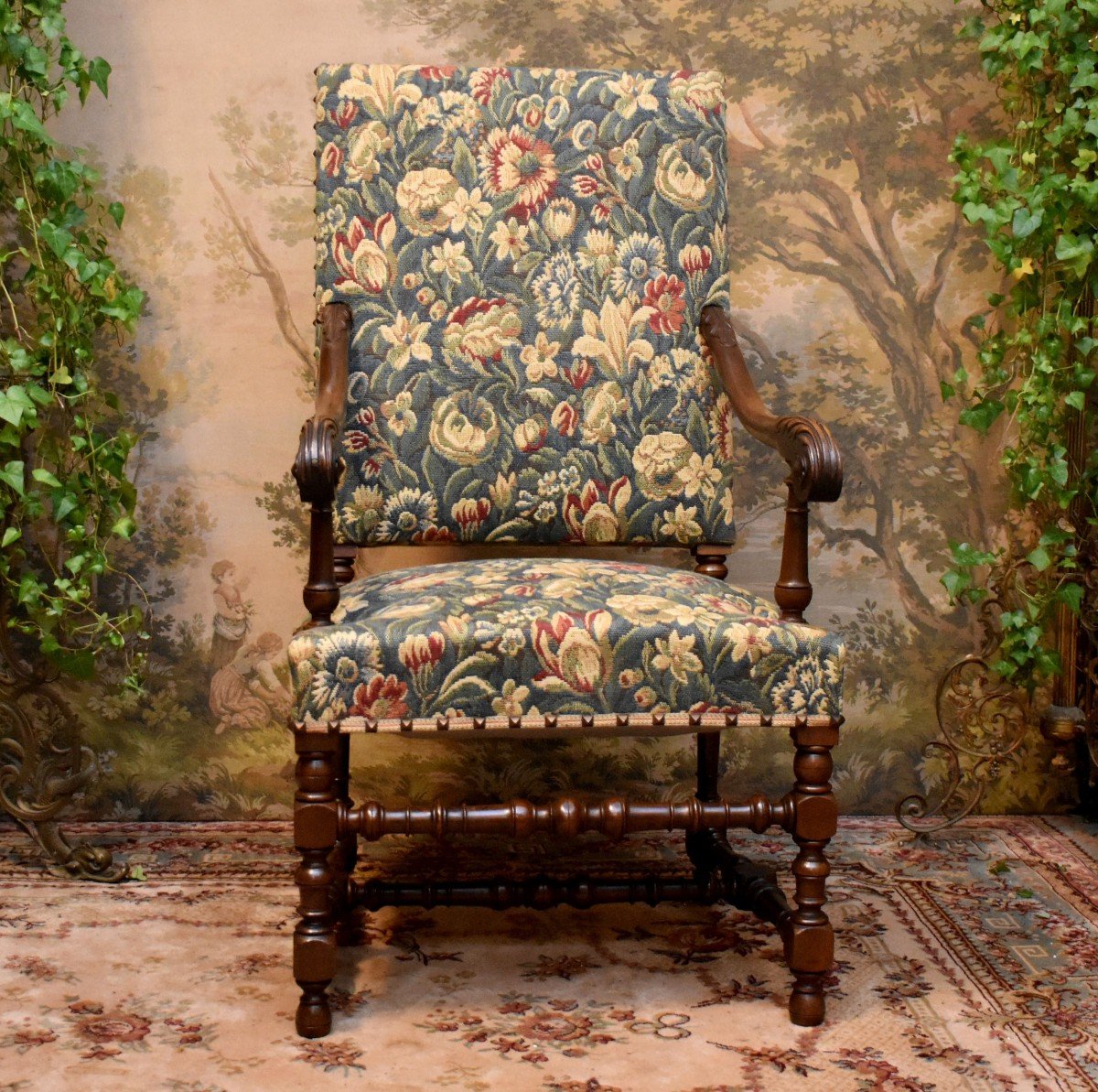 Paire De Grands Fauteuils De Style Louis XIII - Louis XIV En Noyer, Tissu Verdure,   XIXe -photo-2