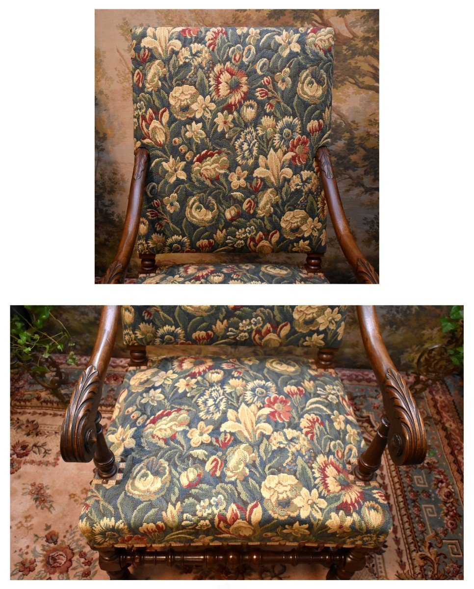 Paire De Grands Fauteuils De Style Louis XIII - Louis XIV En Noyer, Tissu Verdure,   XIXe -photo-4