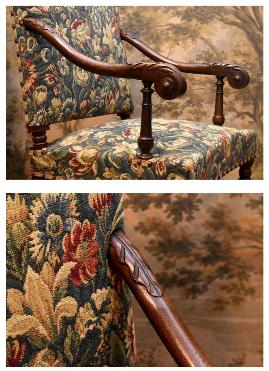 Paire De Grands Fauteuils De Style Louis XIII - Louis XIV En Noyer, Tissu Verdure,   XIXe -photo-6