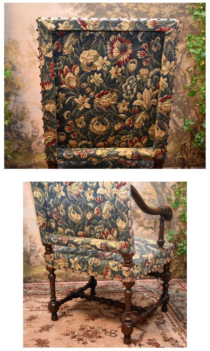 Paire De Grands Fauteuils De Style Louis XIII - Louis XIV En Noyer, Tissu Verdure,   XIXe -photo-7