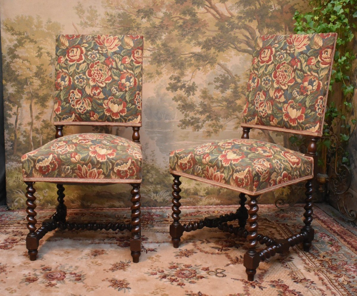 Pair Of Louis XIII Style Twisted Leg Chairs In Waxed Oak, Verdure Fabric, Late 19th Century-photo-2