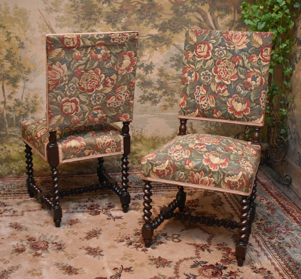 Pair Of Louis XIII Style Twisted Leg Chairs In Waxed Oak, Verdure Fabric, Late 19th Century-photo-3