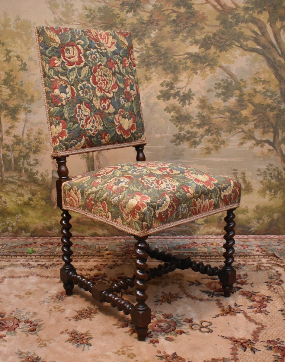 Pair Of Louis XIII Style Twisted Leg Chairs In Waxed Oak, Verdure Fabric, Late 19th Century-photo-4