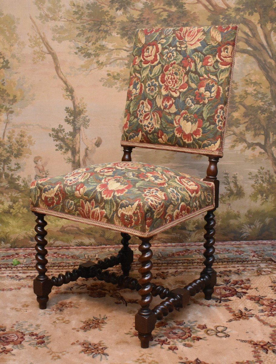 Pair Of Louis XIII Style Twisted Leg Chairs In Waxed Oak, Verdure Fabric, Late 19th Century-photo-1