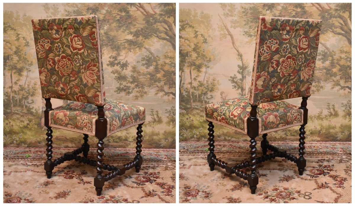 Pair Of Louis XIII Style Twisted Leg Chairs In Waxed Oak, Verdure Fabric, Late 19th Century-photo-2