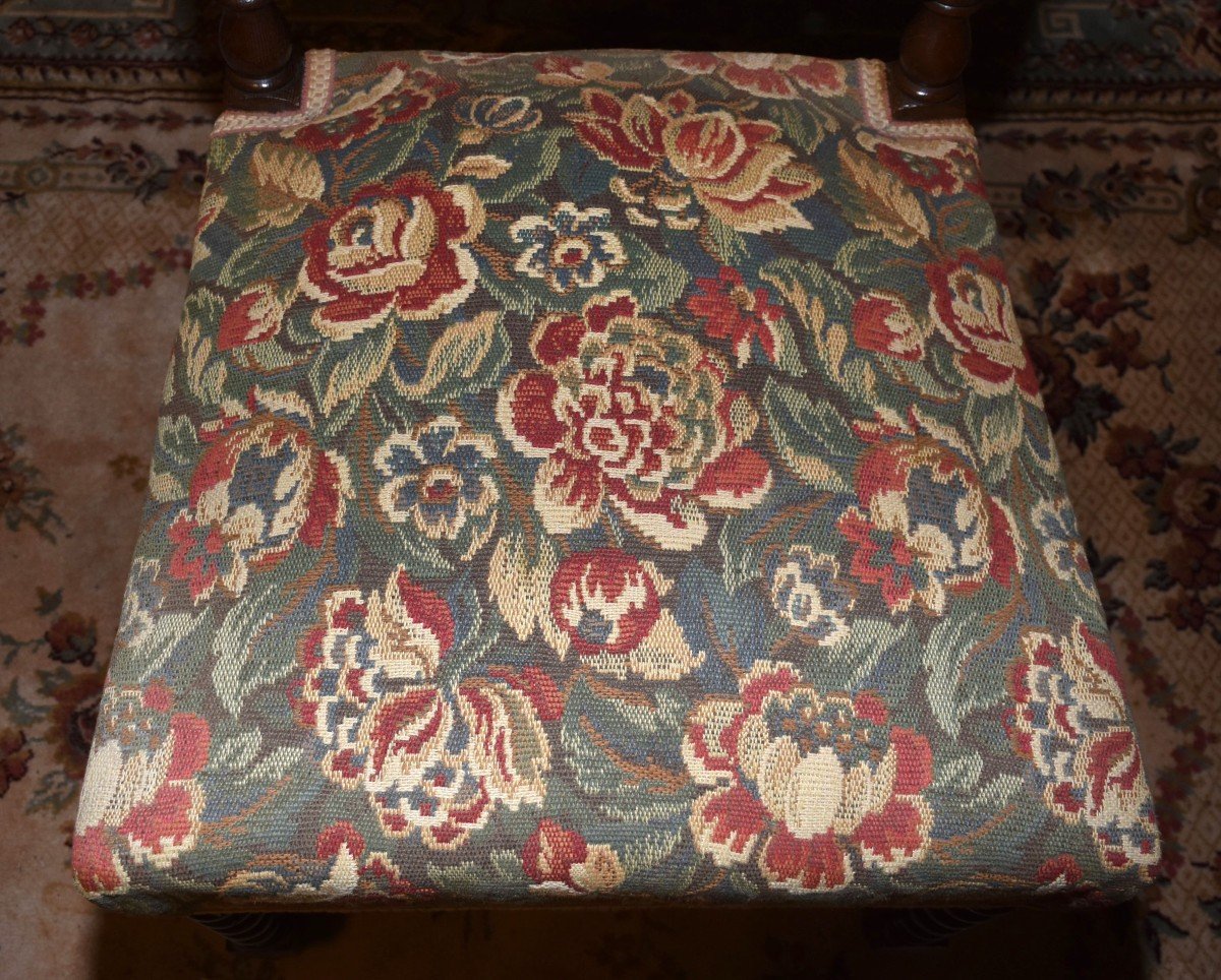 Pair Of Louis XIII Style Twisted Leg Chairs In Waxed Oak, Verdure Fabric, Late 19th Century-photo-4