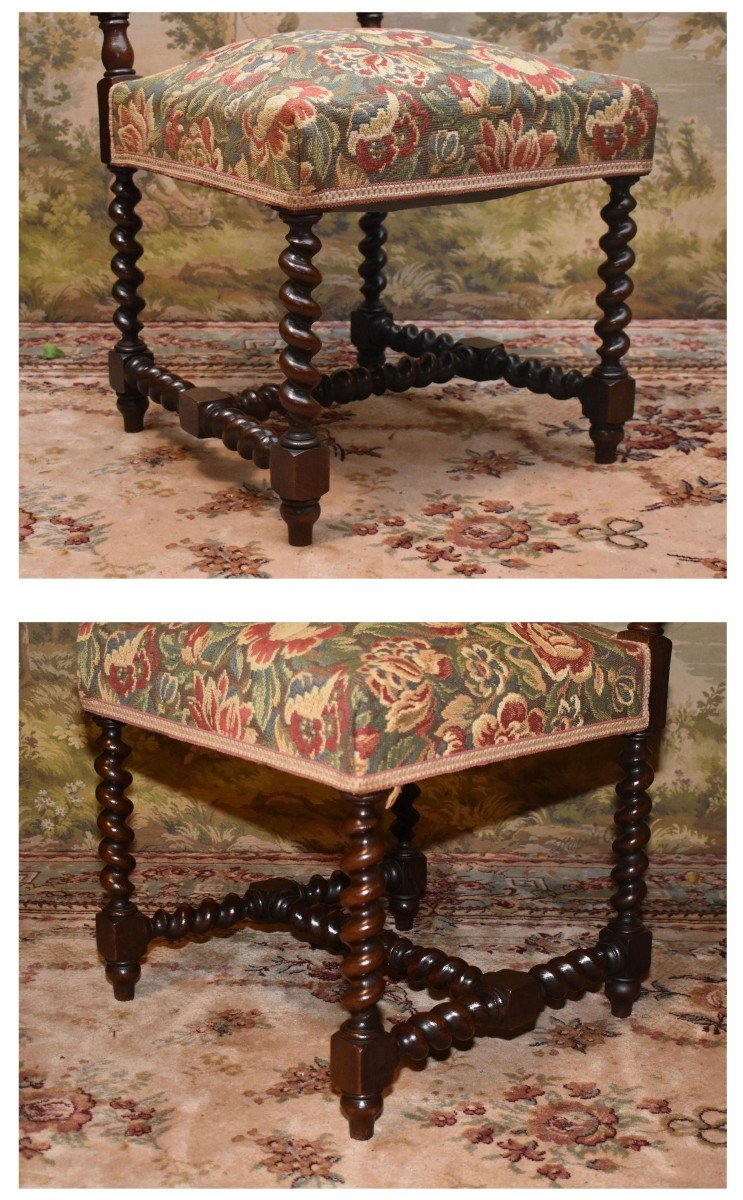 Pair Of Louis XIII Style Twisted Leg Chairs In Waxed Oak, Verdure Fabric, Late 19th Century-photo-5