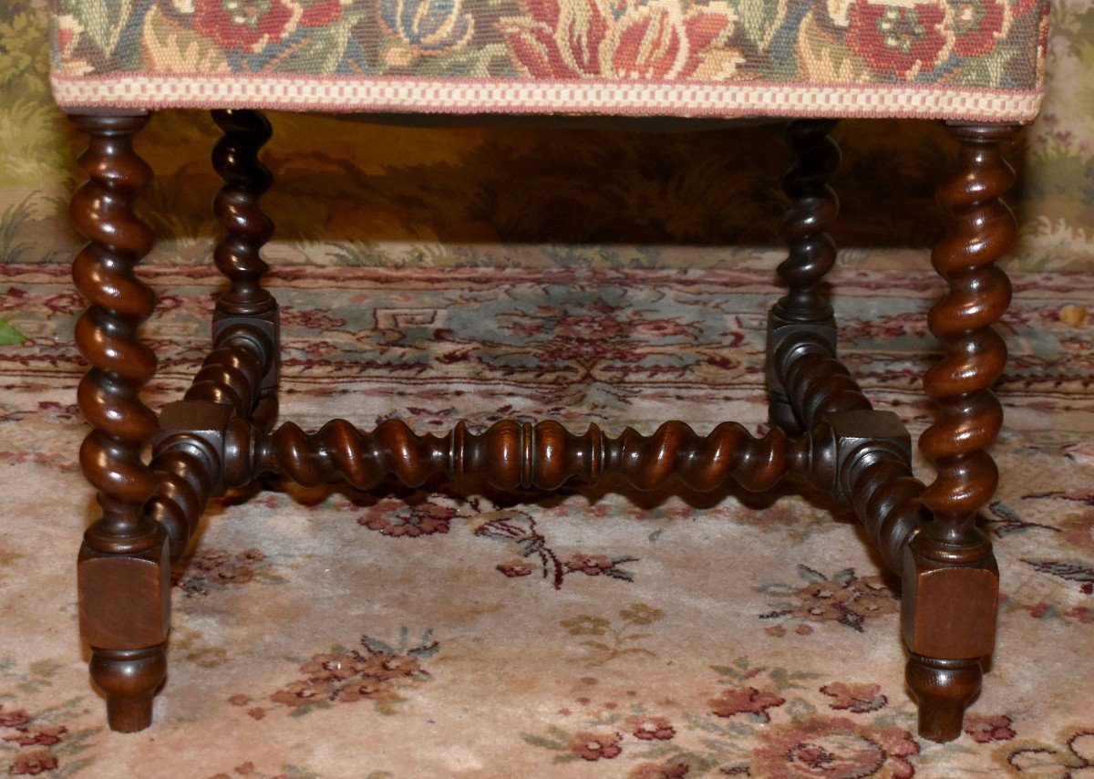 Pair Of Louis XIII Style Twisted Leg Chairs In Waxed Oak, Verdure Fabric, Late 19th Century-photo-6