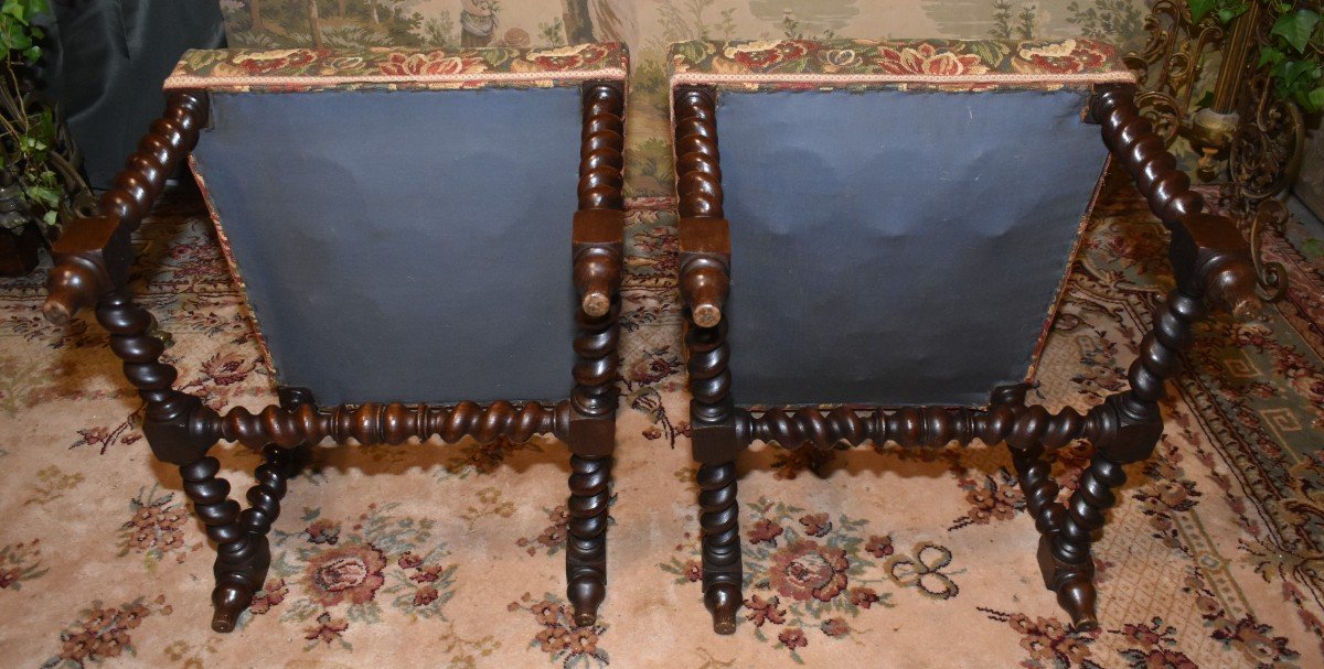 Pair Of Louis XIII Style Twisted Leg Chairs In Waxed Oak, Verdure Fabric, Late 19th Century-photo-7