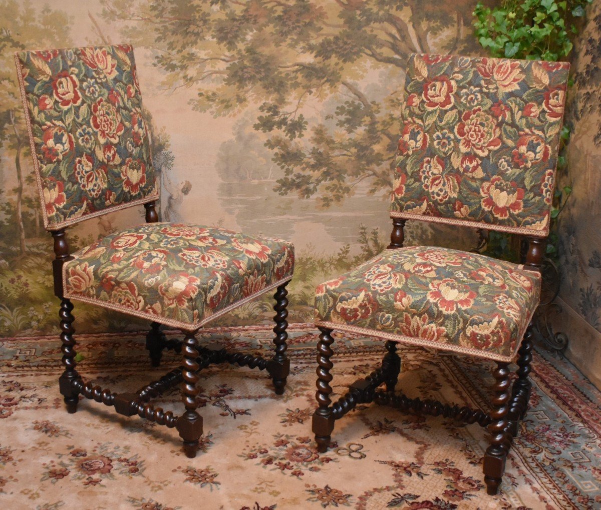 Pair Of Louis XIII Style Twisted Leg Chairs In Waxed Oak, Verdure Fabric, Late 19th Century