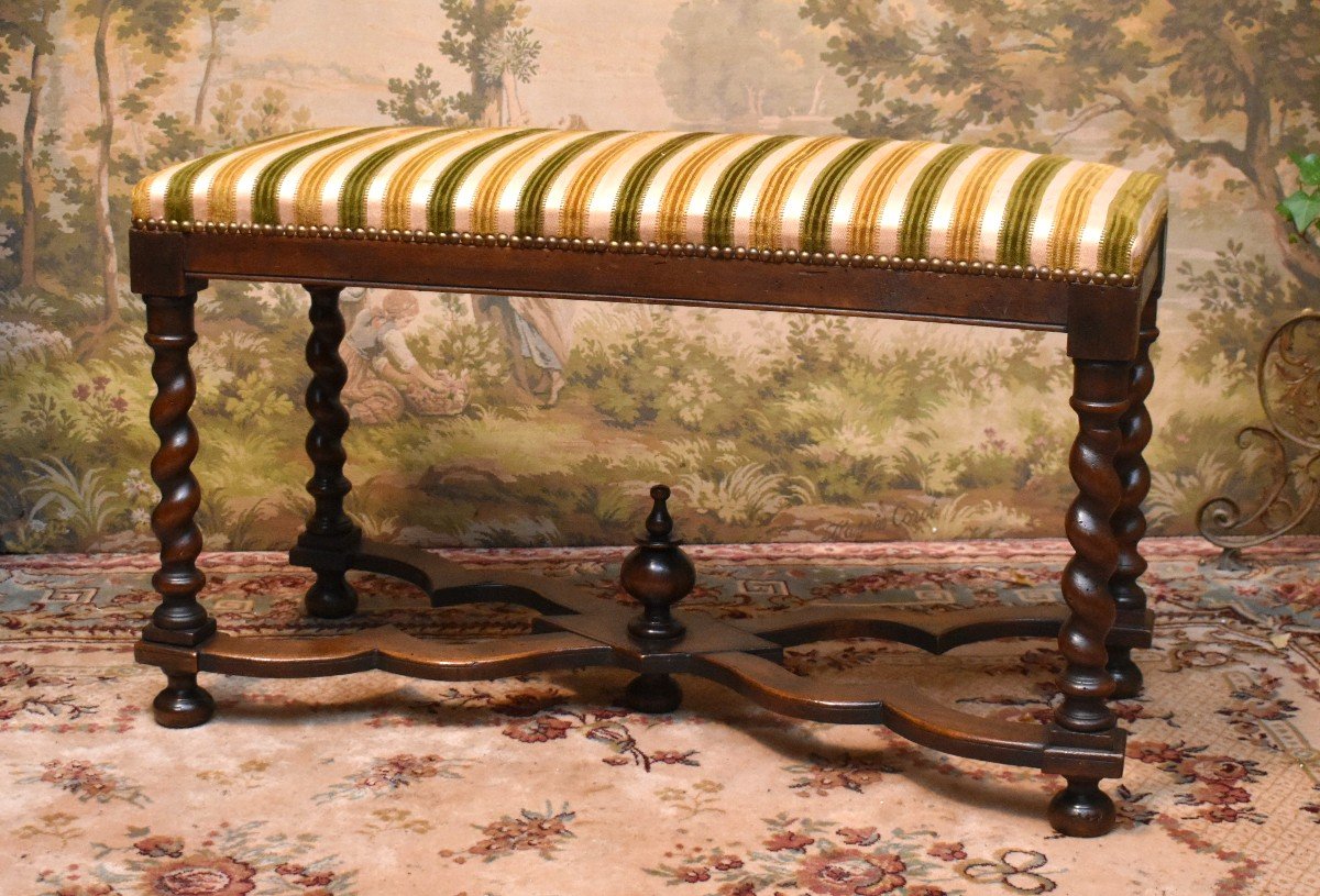 Large Louis XIII Style Stool, Walnut Twisted Leg Bench, Bed End, 19th Century Seat-photo-2