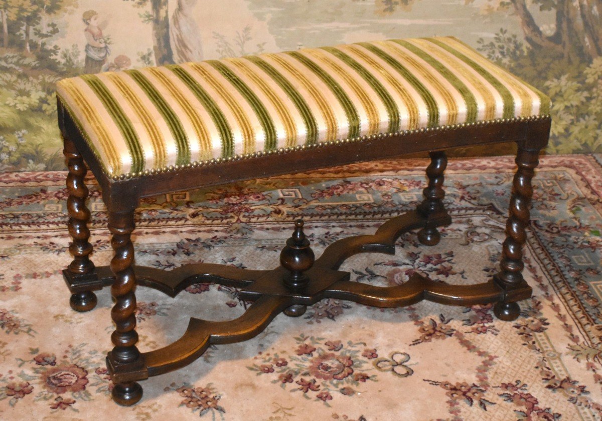 Grand Tabouret De Style Louis XIII, Banquette Pieds Torsade En Noyer,  Bout De Lit, Siège XIXe-photo-3