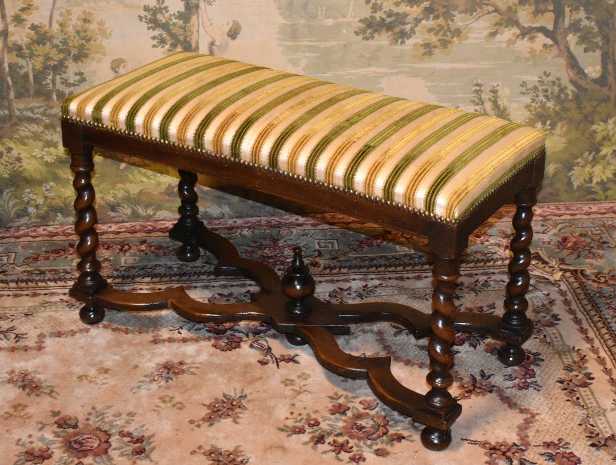 Large Louis XIII Style Stool, Walnut Twisted Leg Bench, Bed End, 19th Century Seat-photo-4