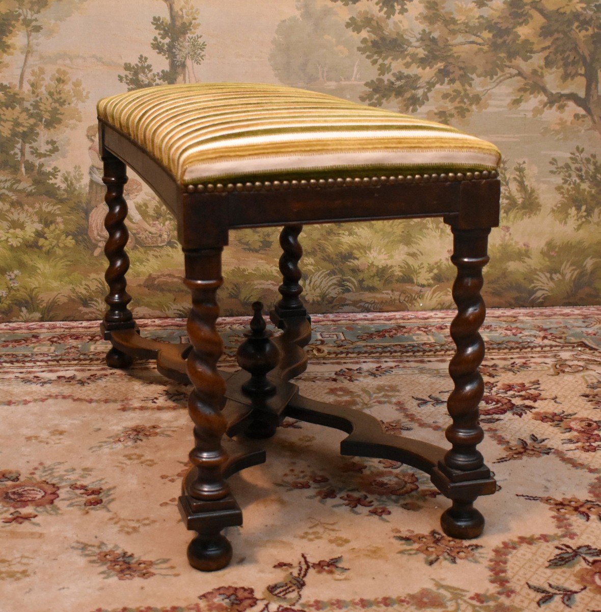 Large Louis XIII Style Stool, Walnut Twisted Leg Bench, Bed End, 19th Century Seat-photo-1