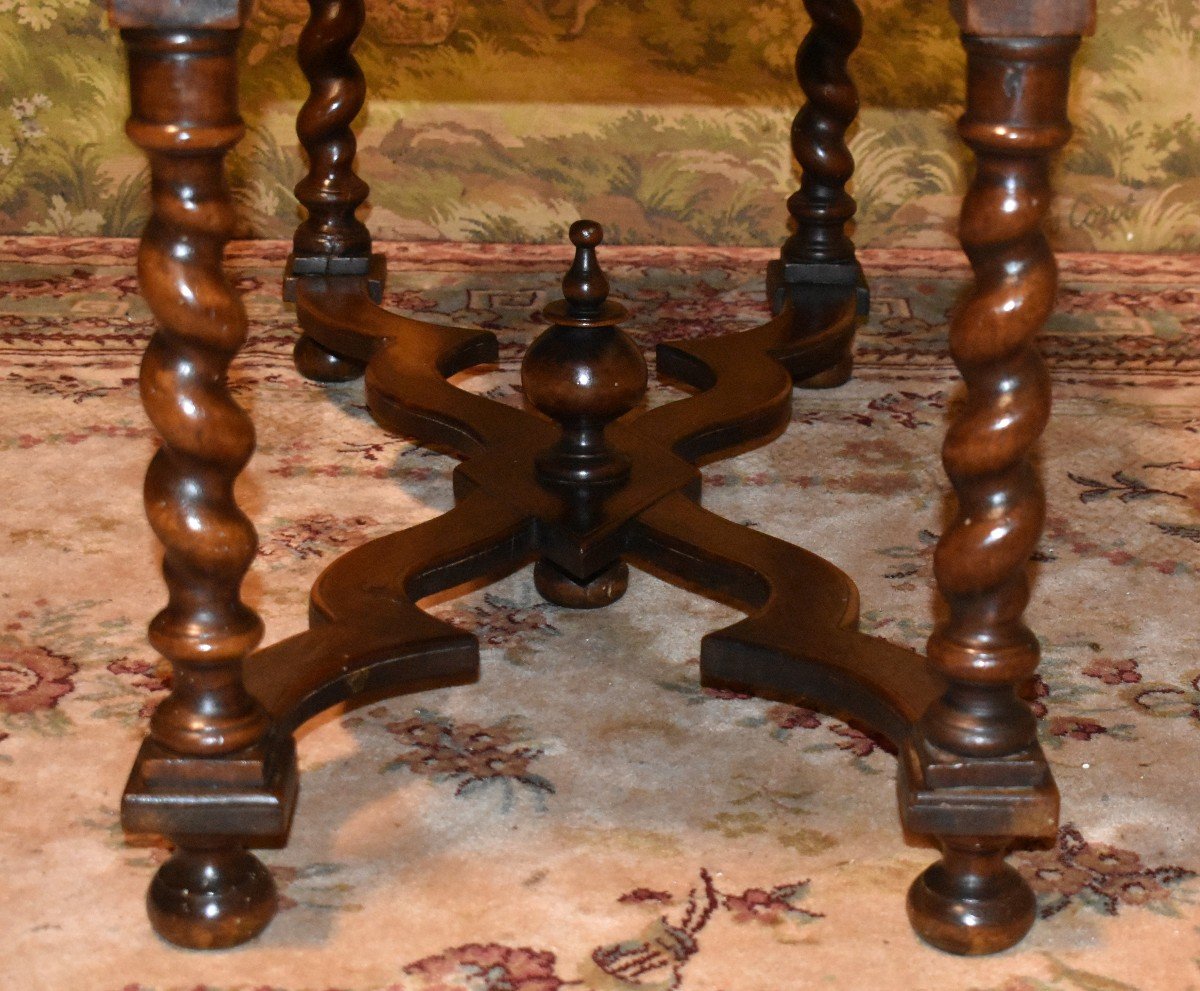 Large Louis XIII Style Stool, Walnut Twisted Leg Bench, Bed End, 19th Century Seat-photo-3