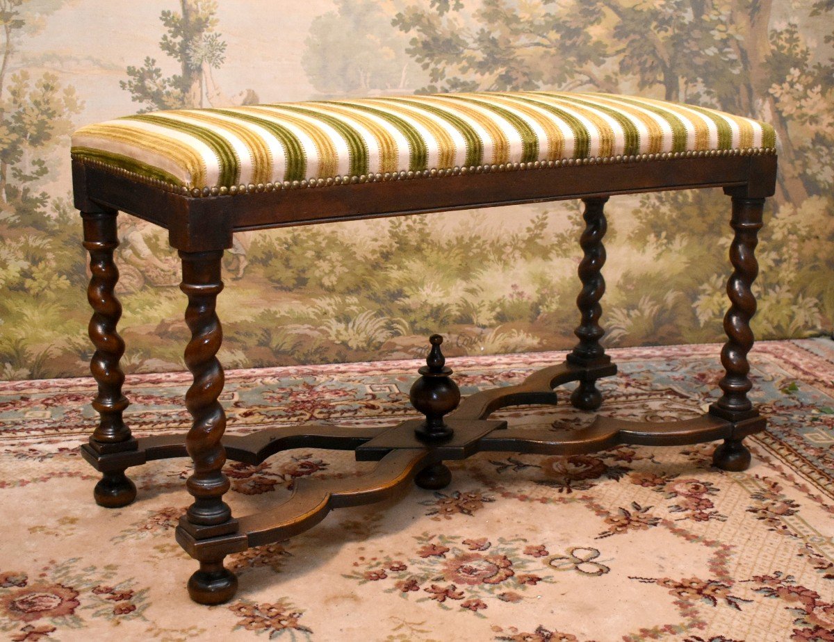 Large Louis XIII Style Stool, Walnut Twisted Leg Bench, Bed End, 19th Century Seat