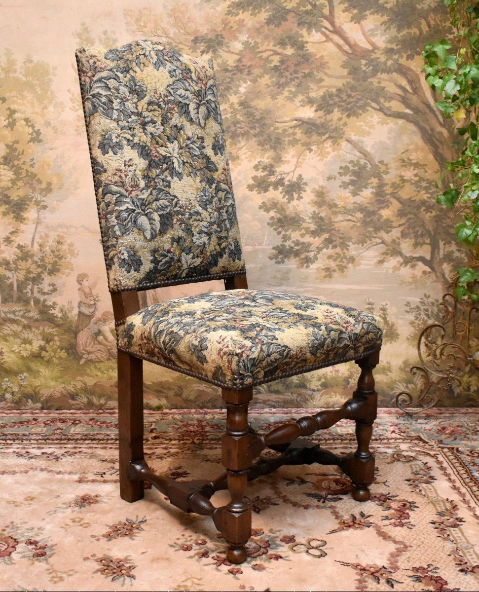 Louis XIII - Louis XIV Style Chair With High Straight Back Baluster, Verdure Fabric, 19th Century, -photo-2