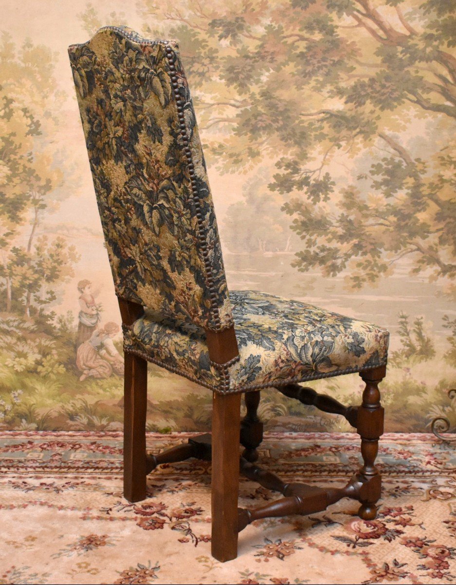 Louis XIII - Louis XIV Style Chair With High Straight Back Baluster, Verdure Fabric, 19th Century, -photo-3