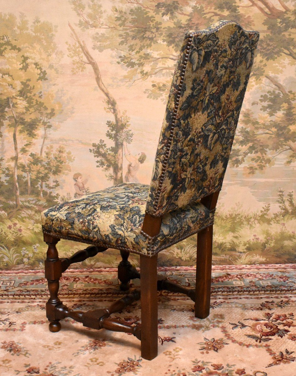 Louis XIII - Louis XIV Style Chair With High Straight Back Baluster, Verdure Fabric, 19th Century, -photo-4