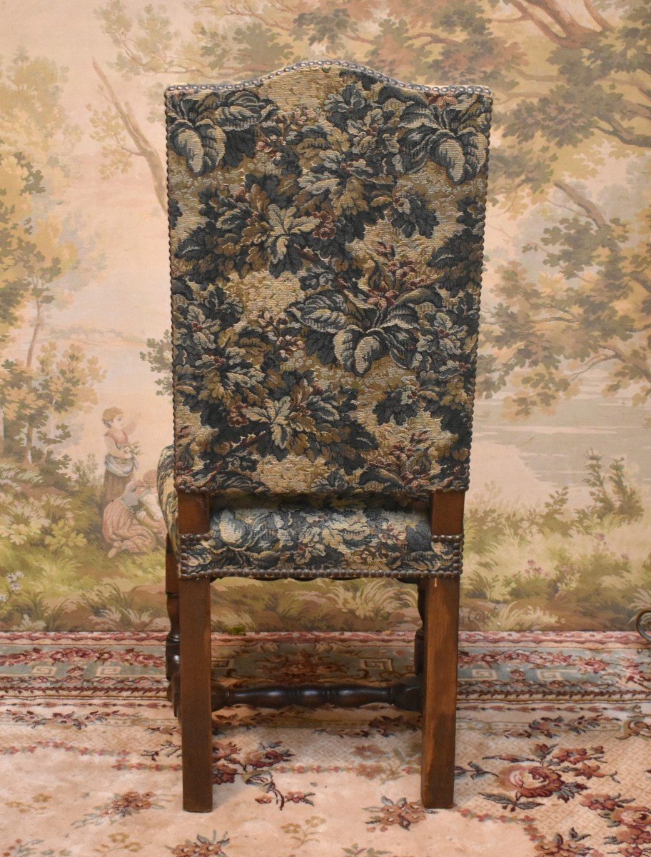 Louis XIII - Louis XIV Style Chair With High Straight Back Baluster, Verdure Fabric, 19th Century, -photo-1