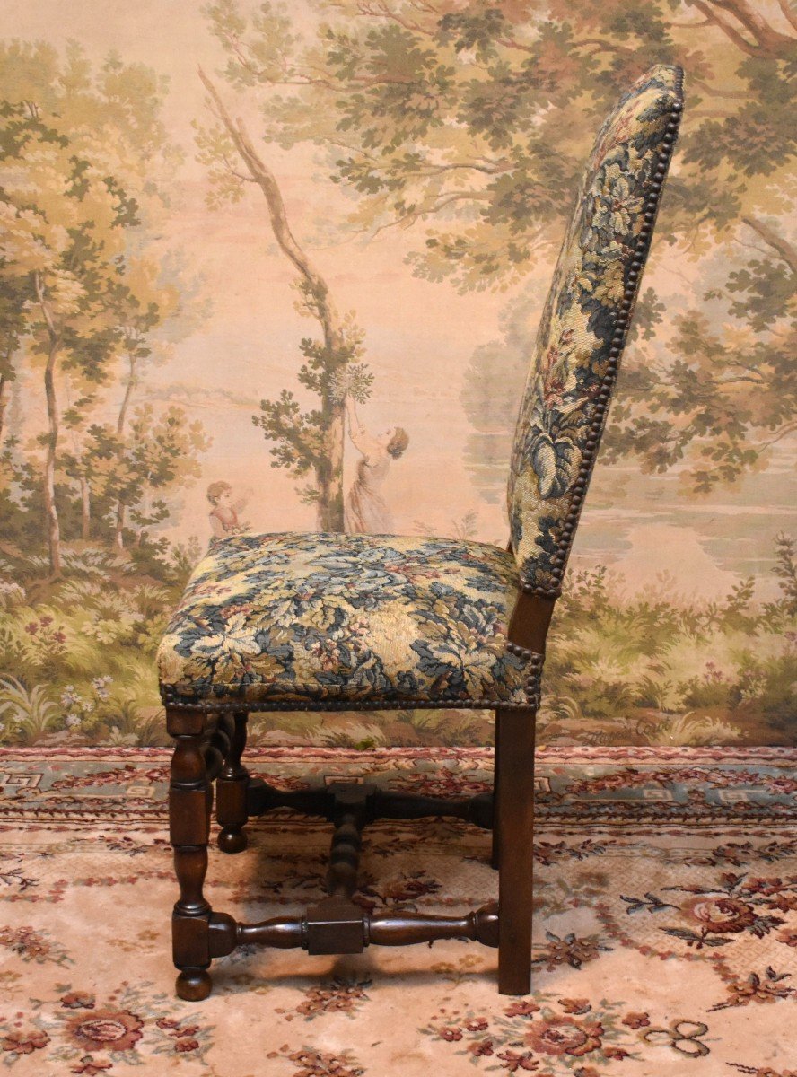 Louis XIII - Louis XIV Style Chair With High Straight Back Baluster, Verdure Fabric, 19th Century, -photo-2