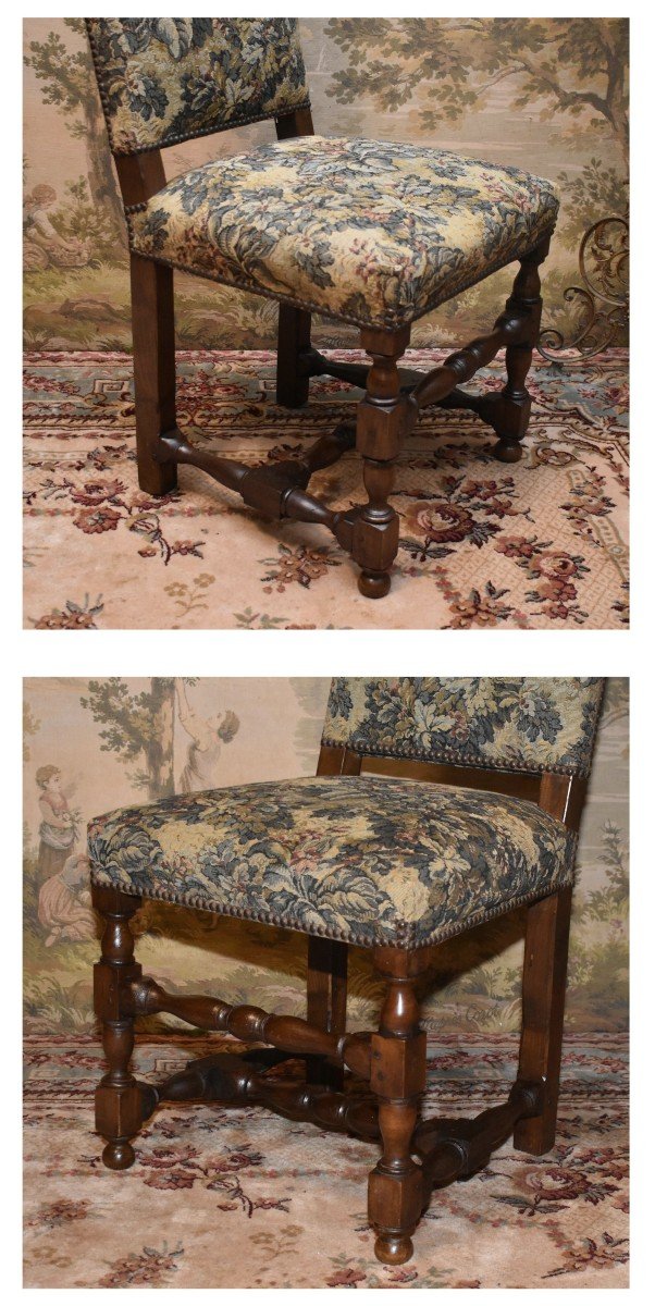 Louis XIII - Louis XIV Style Chair With High Straight Back Baluster, Verdure Fabric, 19th Century, -photo-3