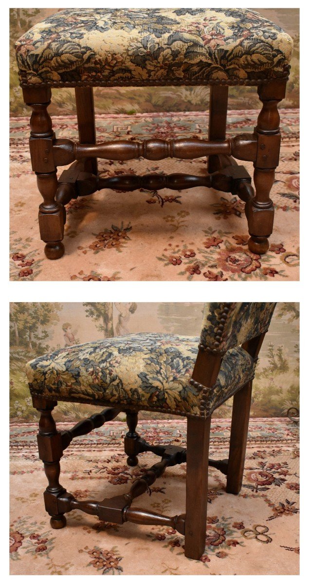 Louis XIII - Louis XIV Style Chair With High Straight Back Baluster, Verdure Fabric, 19th Century, -photo-4