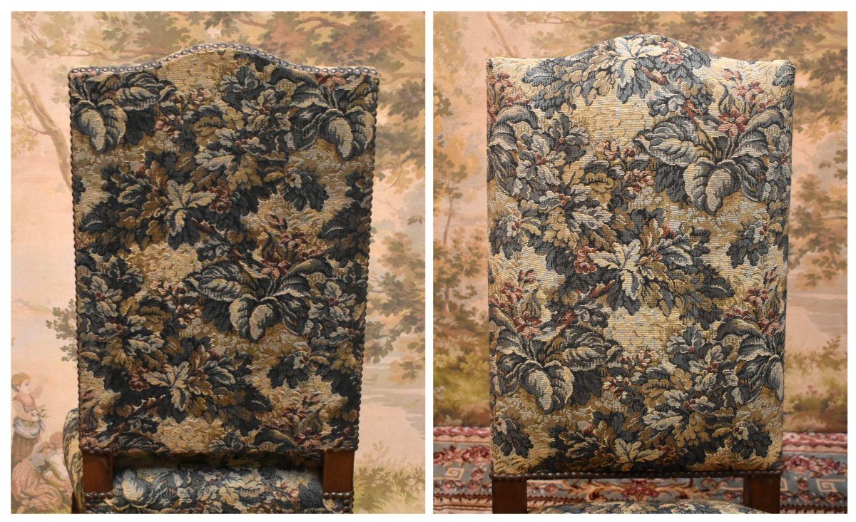 Louis XIII - Louis XIV Style Chair With High Straight Back Baluster, Verdure Fabric, 19th Century, -photo-7