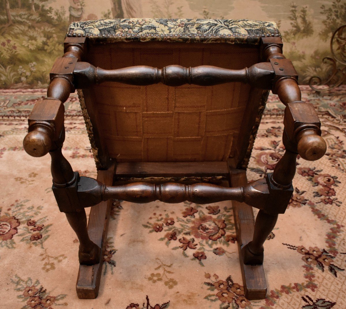 Louis XIII - Louis XIV Style Chair With High Straight Back Baluster, Verdure Fabric, 19th Century, -photo-8