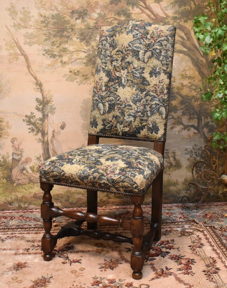 Louis XIII - Louis XIV Style Chair With High Straight Back Baluster, Verdure Fabric, 19th Century, 