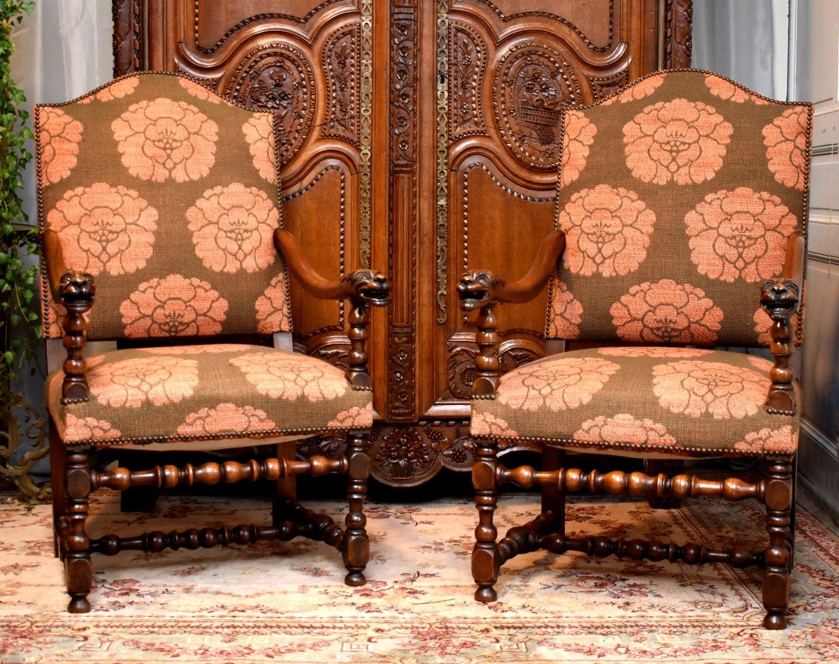 Paire De Grands Fauteuils De Style Louis XIII - Louis XIV à  Dossier Plat, Pieds Balustre, XIXe-photo-2