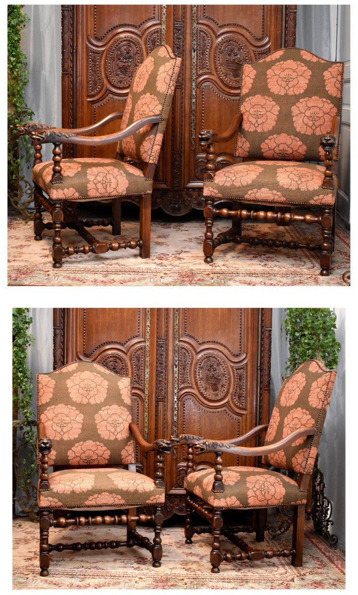 Paire De Grands Fauteuils De Style Louis XIII - Louis XIV à  Dossier Plat, Pieds Balustre, XIXe-photo-3