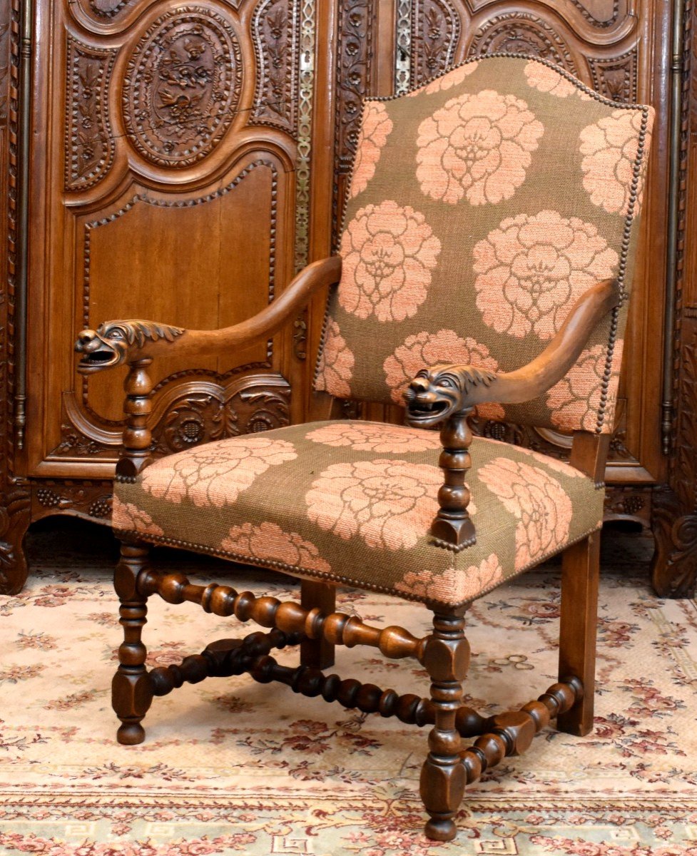 Paire De Grands Fauteuils De Style Louis XIII - Louis XIV à  Dossier Plat, Pieds Balustre, XIXe-photo-1